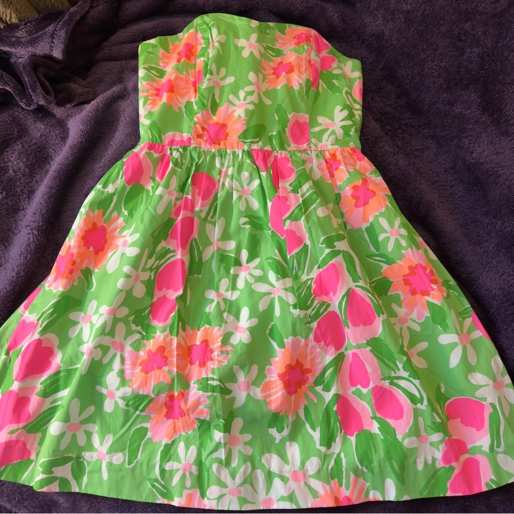 Lilly Pulitzer Strapless Green Floral Sundress with Pink & Orange Blooms